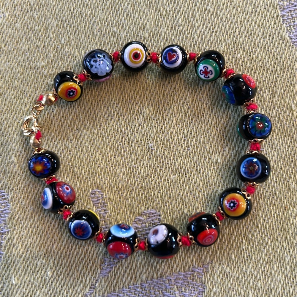 Murano-Style Black Multicolor Millefiori Glass Bead Bracelet